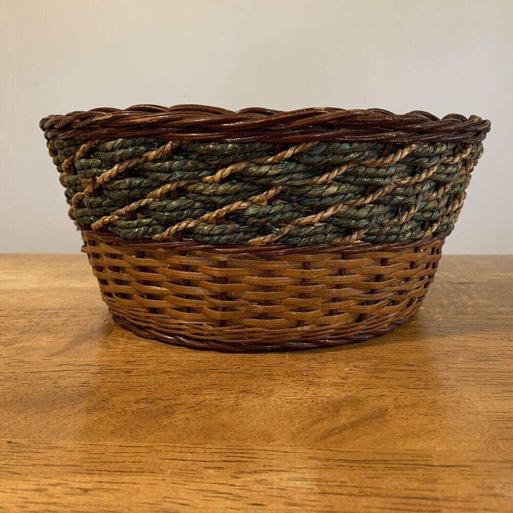 Unbranded‎ Brown Wicker Basket With Sage Colored Rope Like Detail
